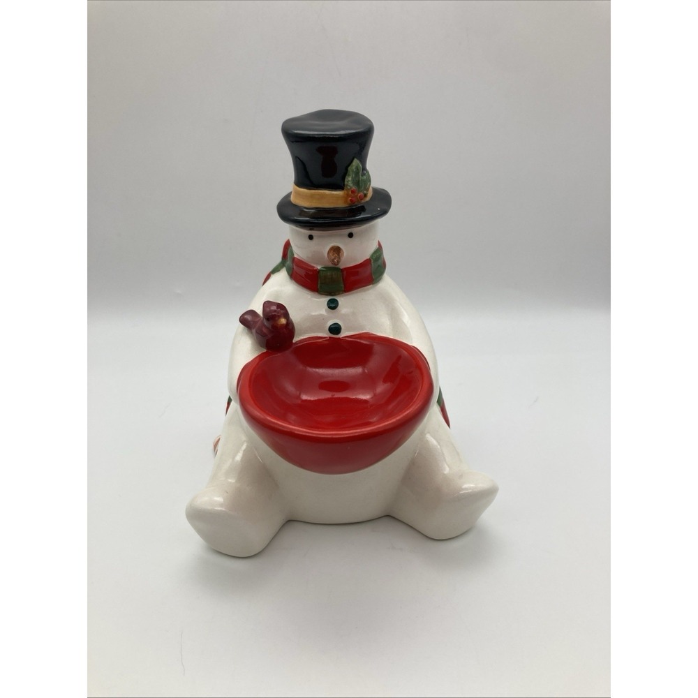 Russ Berrie And Co. Holiday Snowman Crackle Glaze Small Candy Trinket Bowl 5.5"